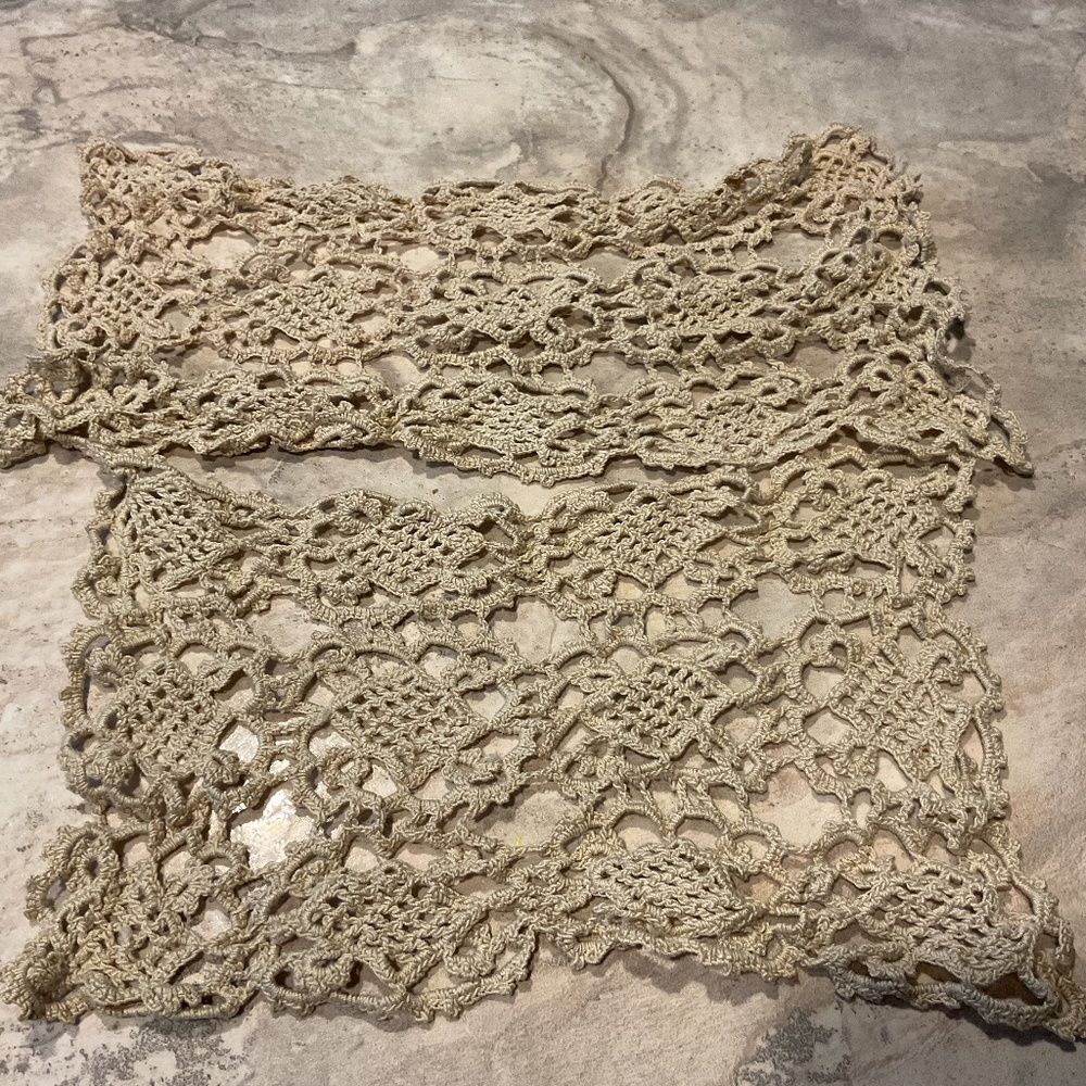 Vintage handmade crochet doilies tan set of 2 oblong 10”x7”